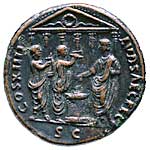 An as of the emperor Domitian. The obverse bears his bust, the reverse a scene commemorating the Ludi Saeculares, including the emperor sacrificing beforea temple with musicians.
AD 88
